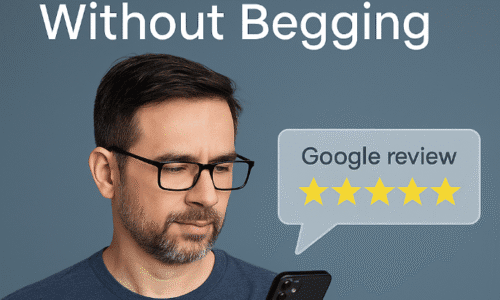 Service business owner sending a review request via phone, with a 5-star Google review shown on screen